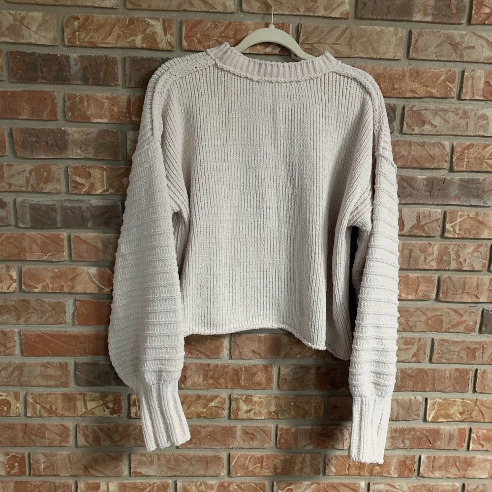 Love Riche Large Cropped Women's Cream Knit Balloon Sleeve Crew Neck Sweater EUC - Picture 3 of 14